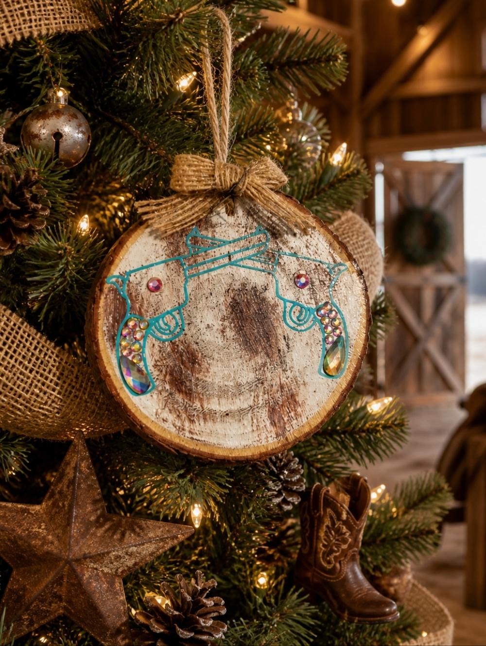 Western Wooden Ornament with Turquoise Gun Design